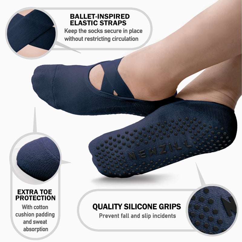 NEWZILL Yoga Socks for Women Non-Slip Grips & Straps, Ideal for Pilates, Pure Barre, Ballet, Dance, Barefoot Workout (3 Pairs-Purple/Blue/White) - Image 3